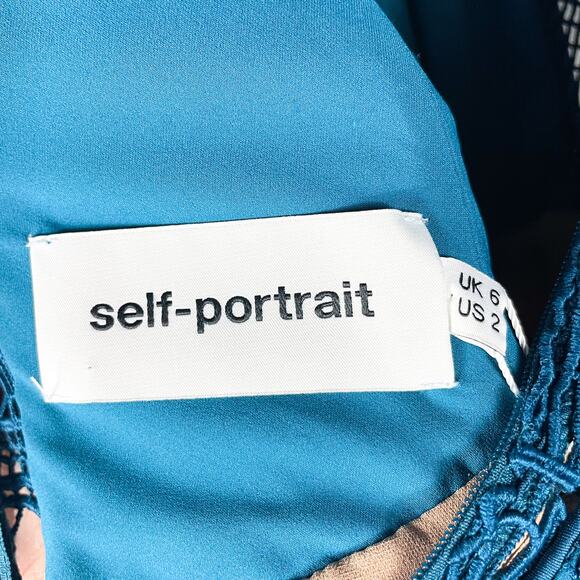 Self-Portrait Guipure Lace Mini Dress Teal Tiered Sleeveless Teardrop Sz 2 - Picture 12 of 16